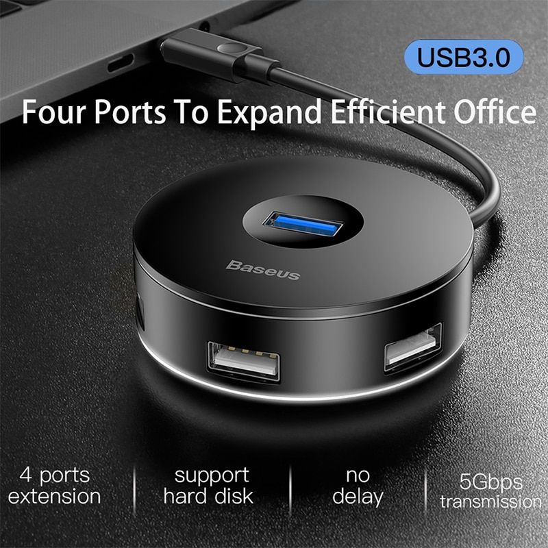 USB-хаб Baseus Round Box USB to USB 3.0+3USB 2.0 1m Black (CAHUB) 00549 фото