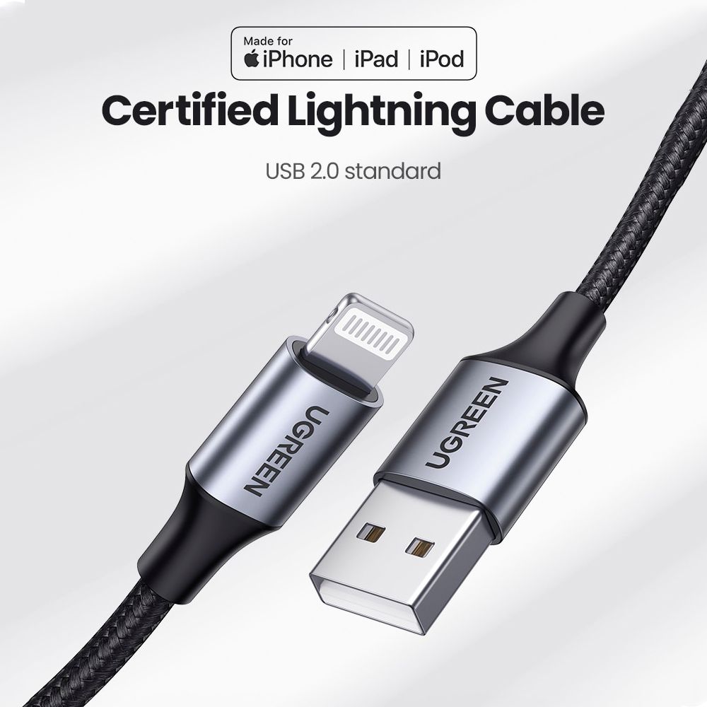 Кабель UGREEN US199 Lightning - USB 2.4А Cable Aluminium Case with Braided 1m Black (60156) 00995 фото
