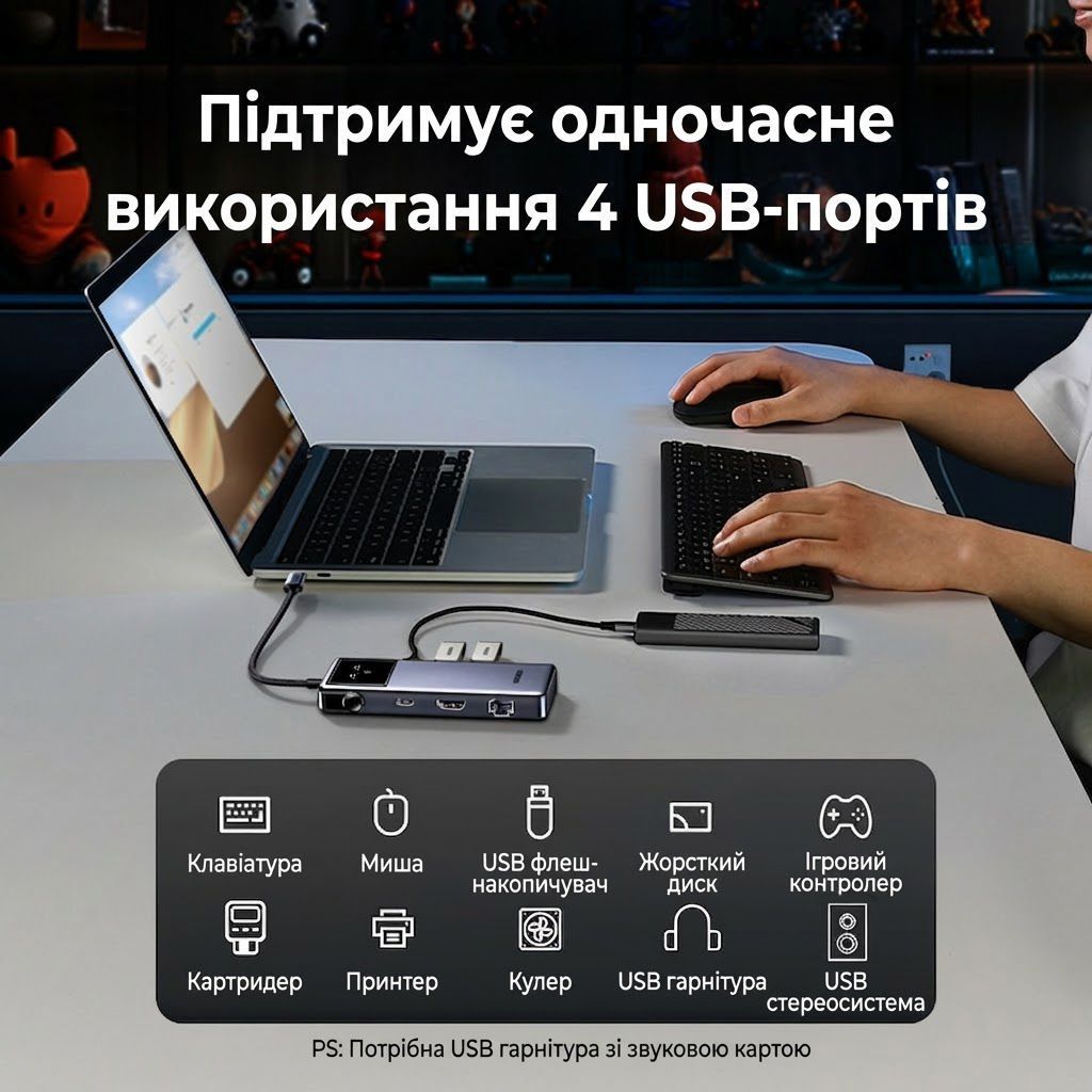 Хаб USB-C концентратор UGREEN CM888 Uno 7-in-1 HDMI 4K 60Hz RJ45 PD 100W Gray (45155) 01280 фото