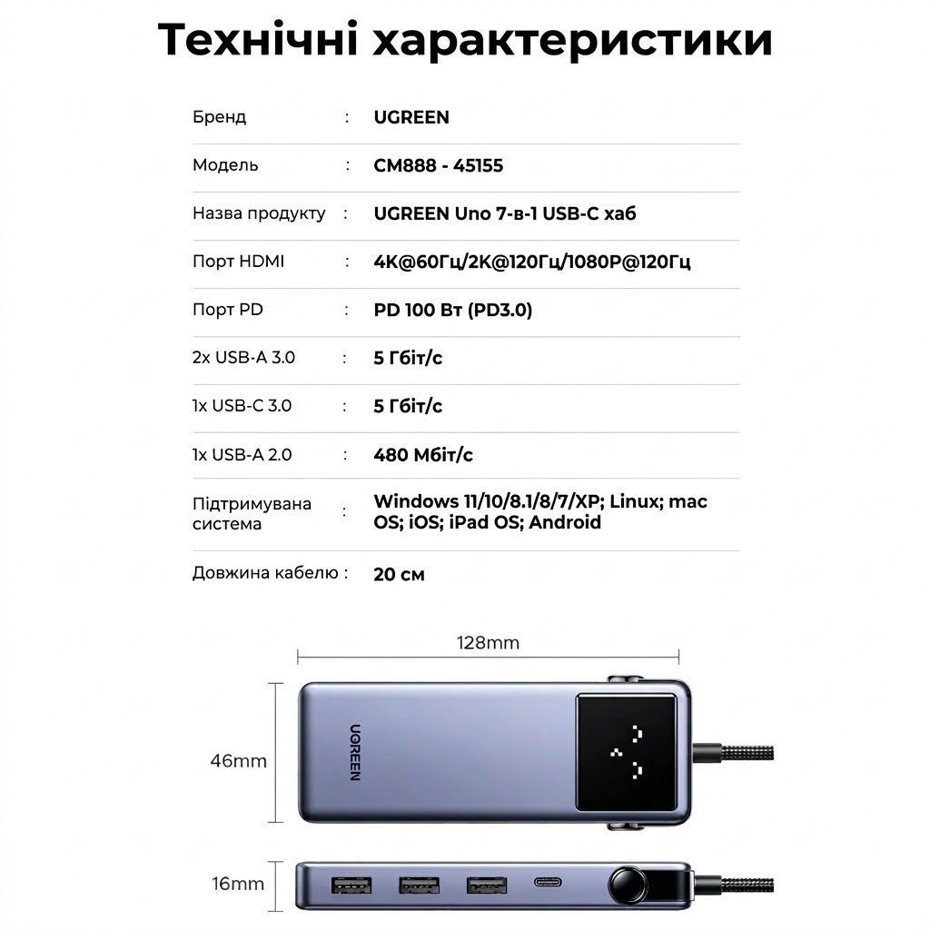 Хаб USB-C концентратор UGREEN CM888 Uno 7-in-1 HDMI 4K 60Hz RJ45 PD 100W Gray (45155) 01280 фото