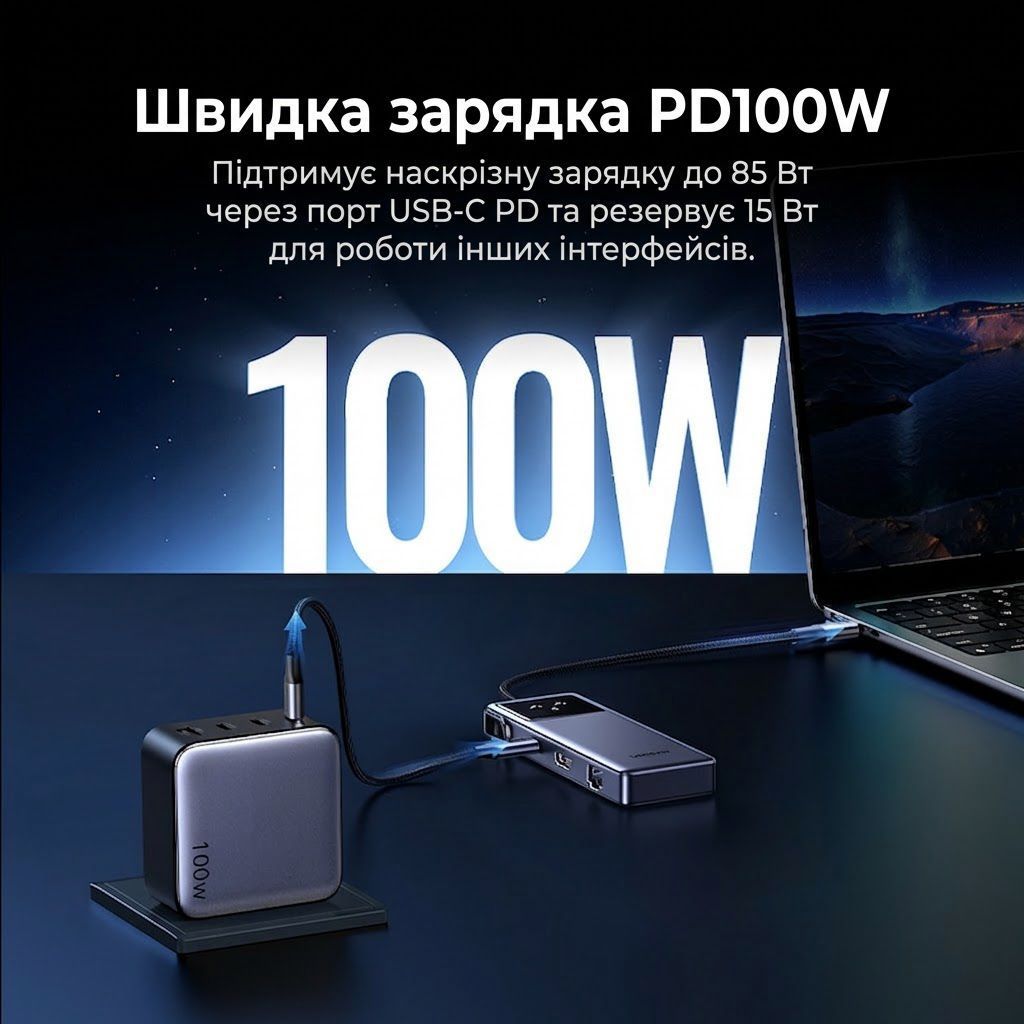 Хаб USB-C концентратор UGREEN CM888 Uno 7-in-1 HDMI 4K 60Hz RJ45 PD 100W Gray (45155) 01280 фото