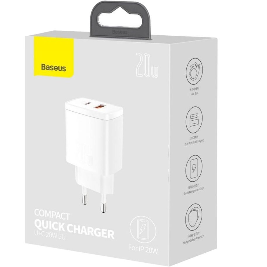 Сетевое зарядное устройство Baseus Compact Quick Charger Type-C+USB 20W White (CCXJ-B02) 00730 фото