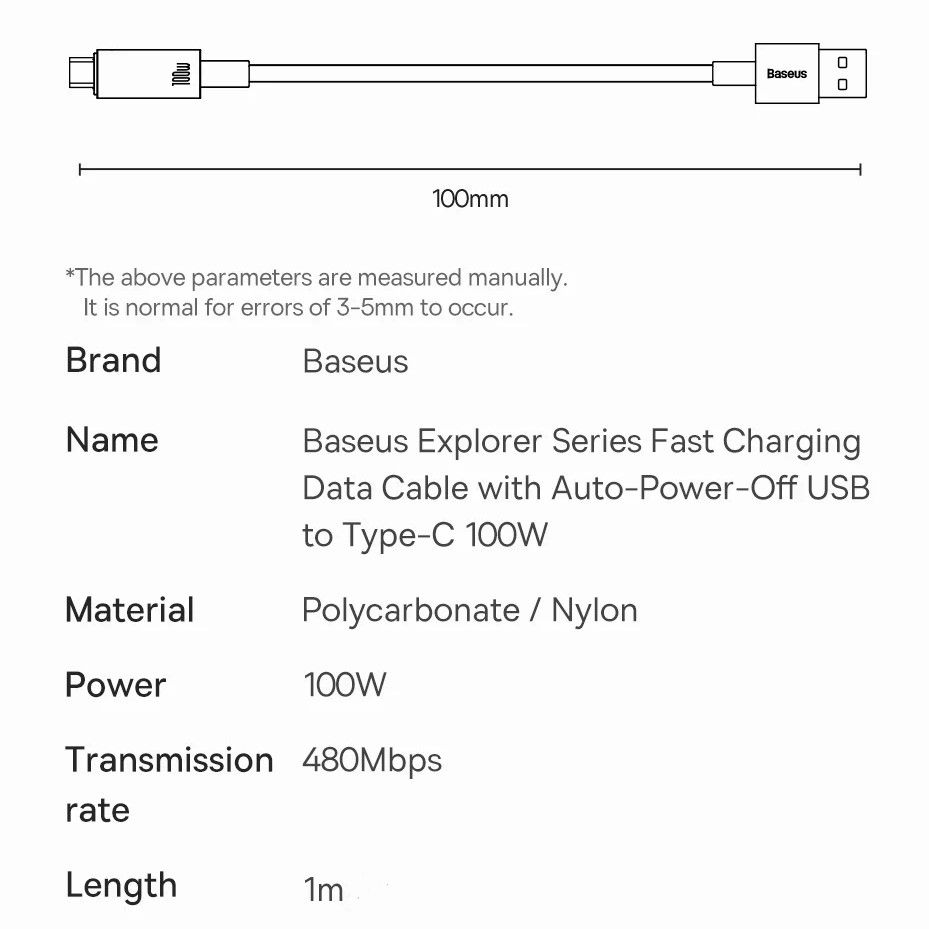 Кабель Baseus Explorer Series Auto Power-Off USB - Type-C 6A 100W 1m Black (CATS000201) 00854 фото