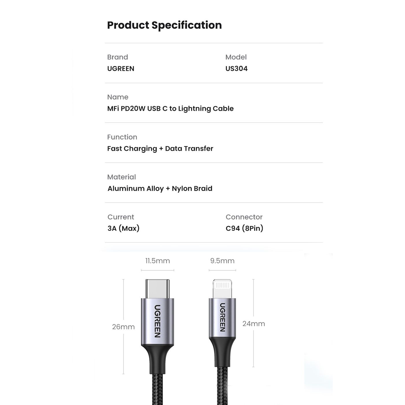 Кабель UGREEN US304 USB-C to Lightning PD 20W Cable Aluminum Shell Braided 2m Black (60761) 00997 фото