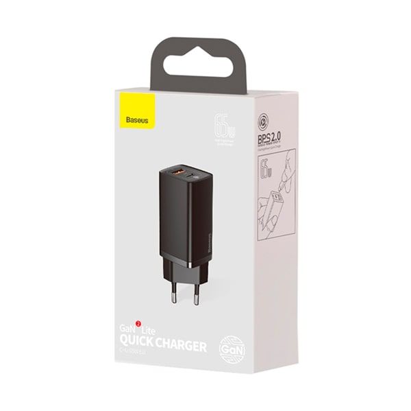 Сетевое зарядное устройство Baseus GaN2 Lite Quick Charger 65W USB+Type-C Black (CCGAN2L-B01) 00731 фото