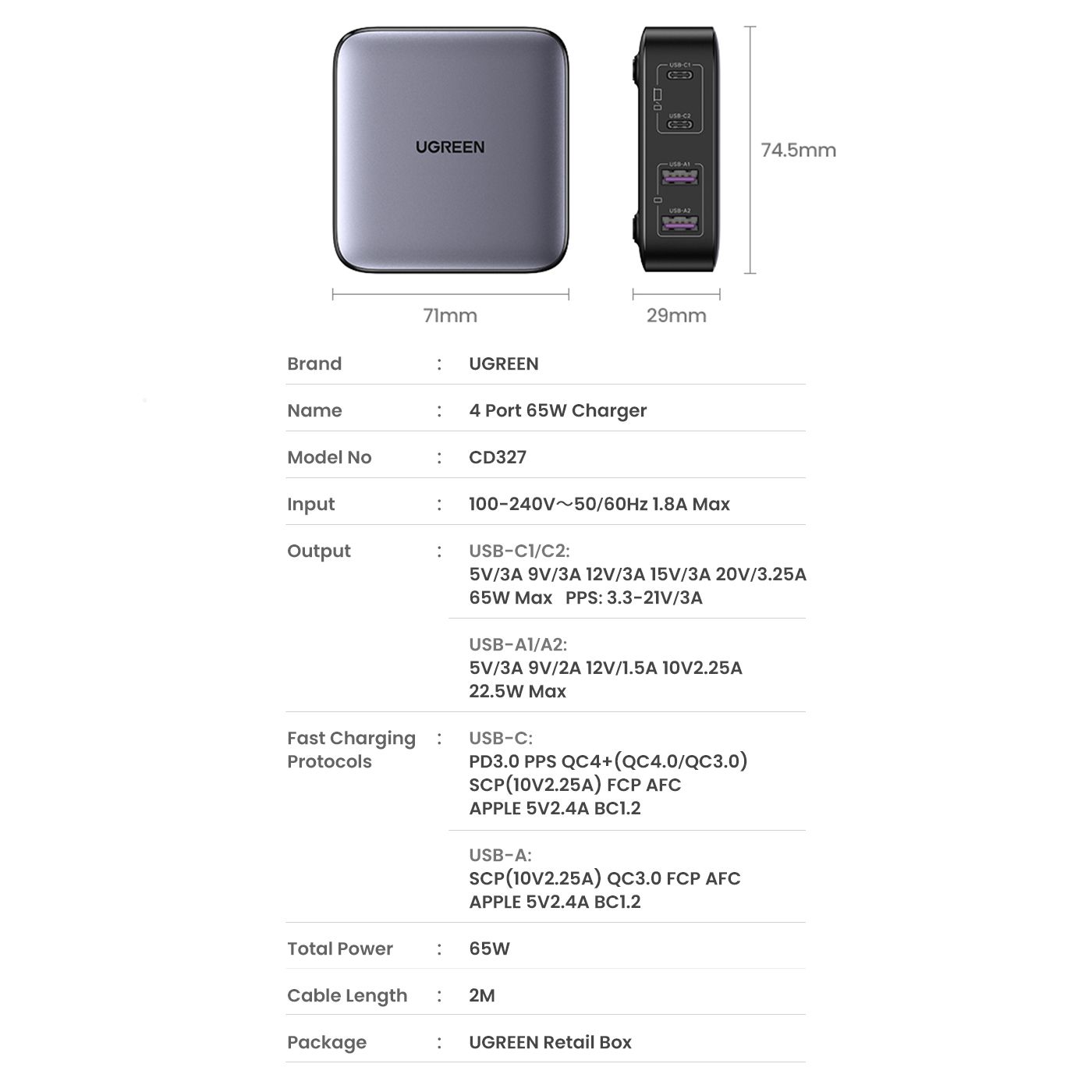 Мережевий зарядний пристрій UGREEN CD327 2USB+2Type-C 65W Nexode Desktop Charger 2m (90747) 00866 фото