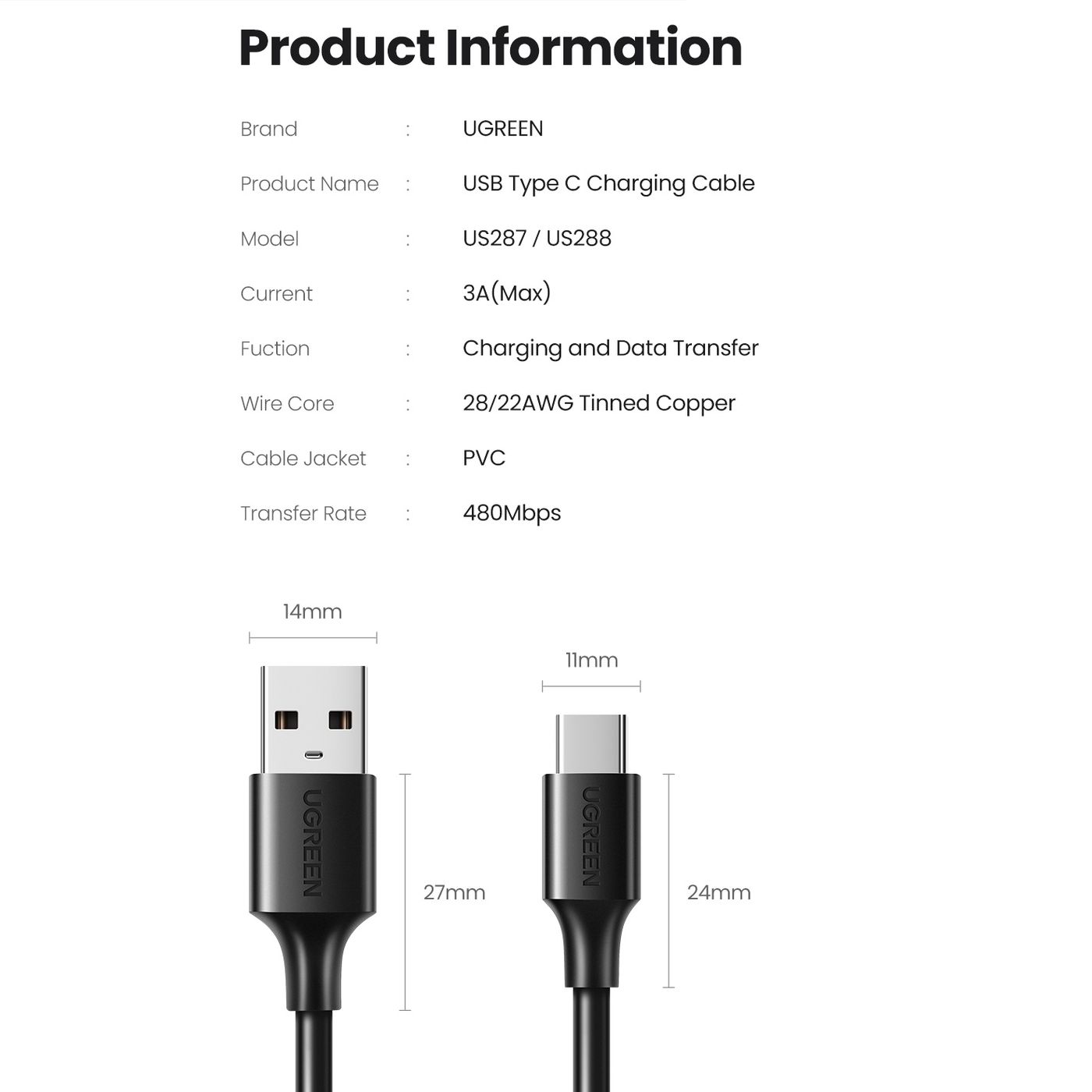 Кабель UGREEN US287 USB - Type-C 3A Cable Nickel Plating 2m Black (60118) 00864 фото