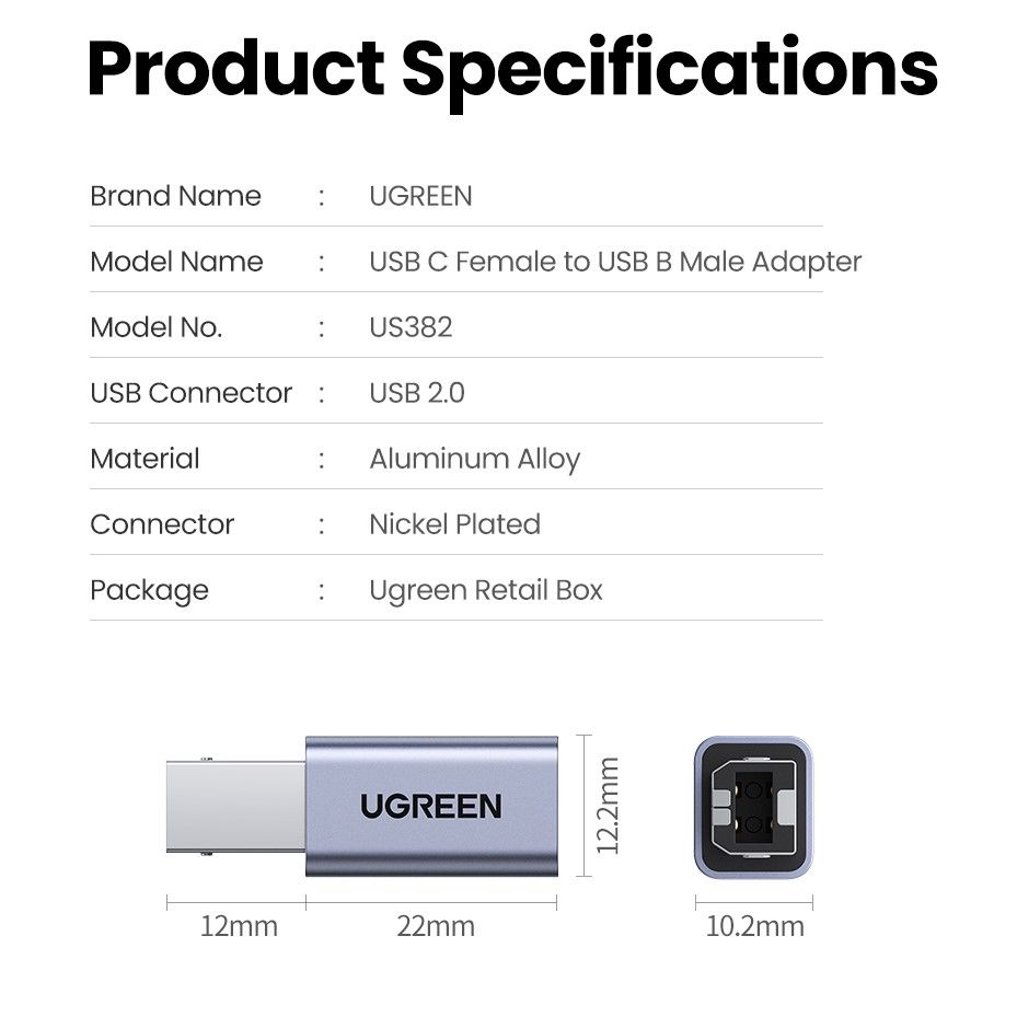 Адаптер UGREEN US382 Type-C Female to USB-B Male Adapter Aluminum Case Gray (20120) 00780 фото