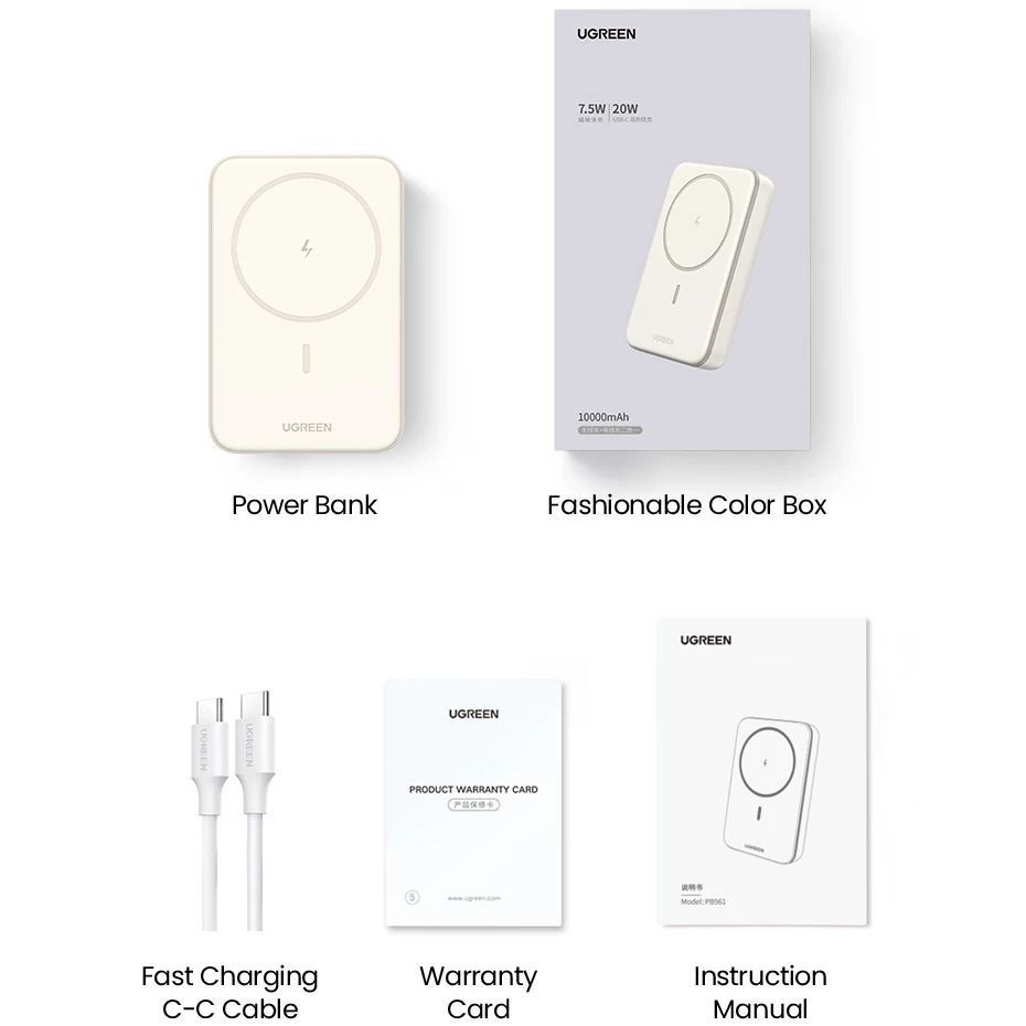 Зовнішній акумулятор повербанк з бездротовою зарядкою MagSafe UGREEN PB561 10000mAh 20W Mini Magnetic Wireless Power Bank Beige (25208)