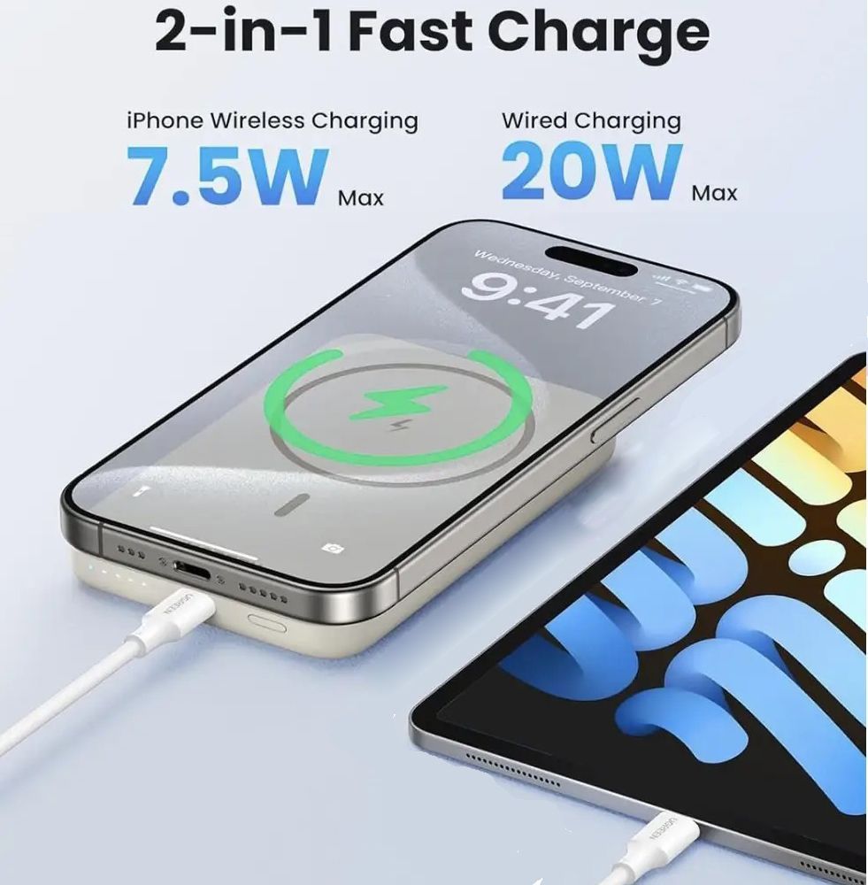 Зовнішній акумулятор повербанк з бездротовою зарядкою MagSafe UGREEN PB561 10000mAh 20W Mini Magnetic Wireless Power Bank Beige (25208)
