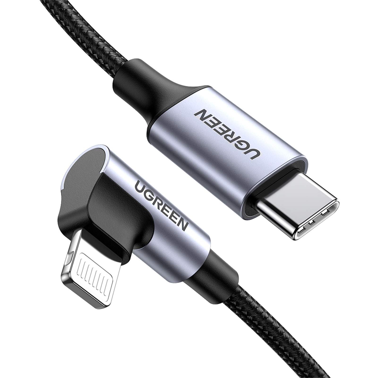 Кабель г-образный UGREEN US305 USB-C to Lightning 20W Angled Cable Aluminum Shell Braided 1m Black (60763) 01002 фото