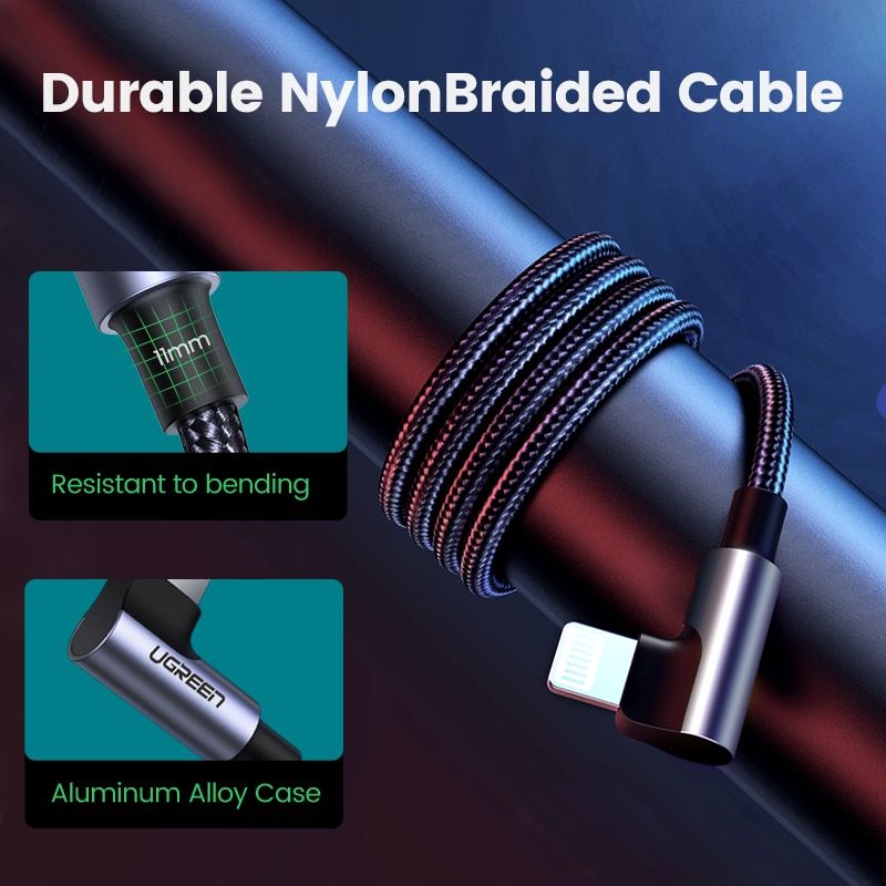 Кабель г-подібний UGREEN US305 USB-C to Lightning 20W Angled Cable Aluminum Shell Braided 1m Black (60763) 01002 фото