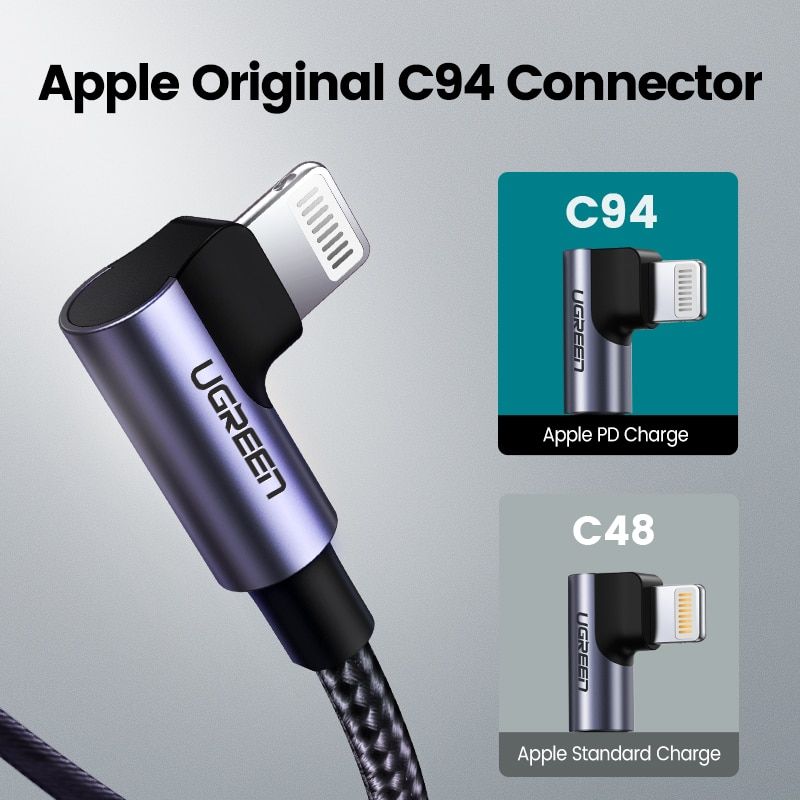 Кабель г-подібний UGREEN US305 USB-C to Lightning 20W Angled Cable Aluminum Shell Braided 1m Black (60763) 01002 фото