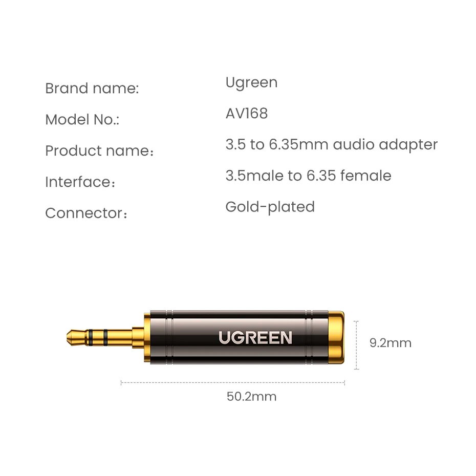 Аудіо адаптер UGREEN AV168 3.5mm Male to 6.35mm Female Adapter 1pcs Black (60711)
