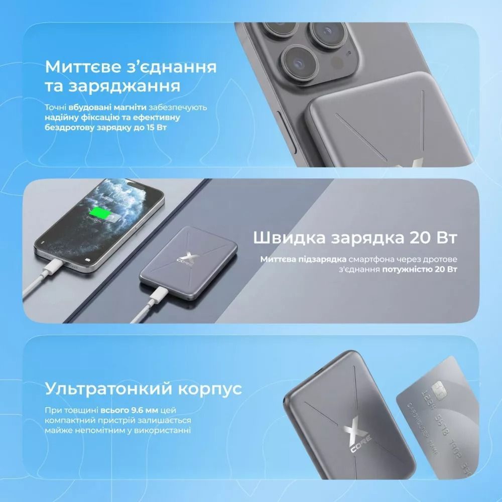 Ультратонкий зовнішній акумулятор повербанк з бездротовою зарядкою Proove X-Core Power Bank 20W 5000mAh Gray (PNXC20010003)