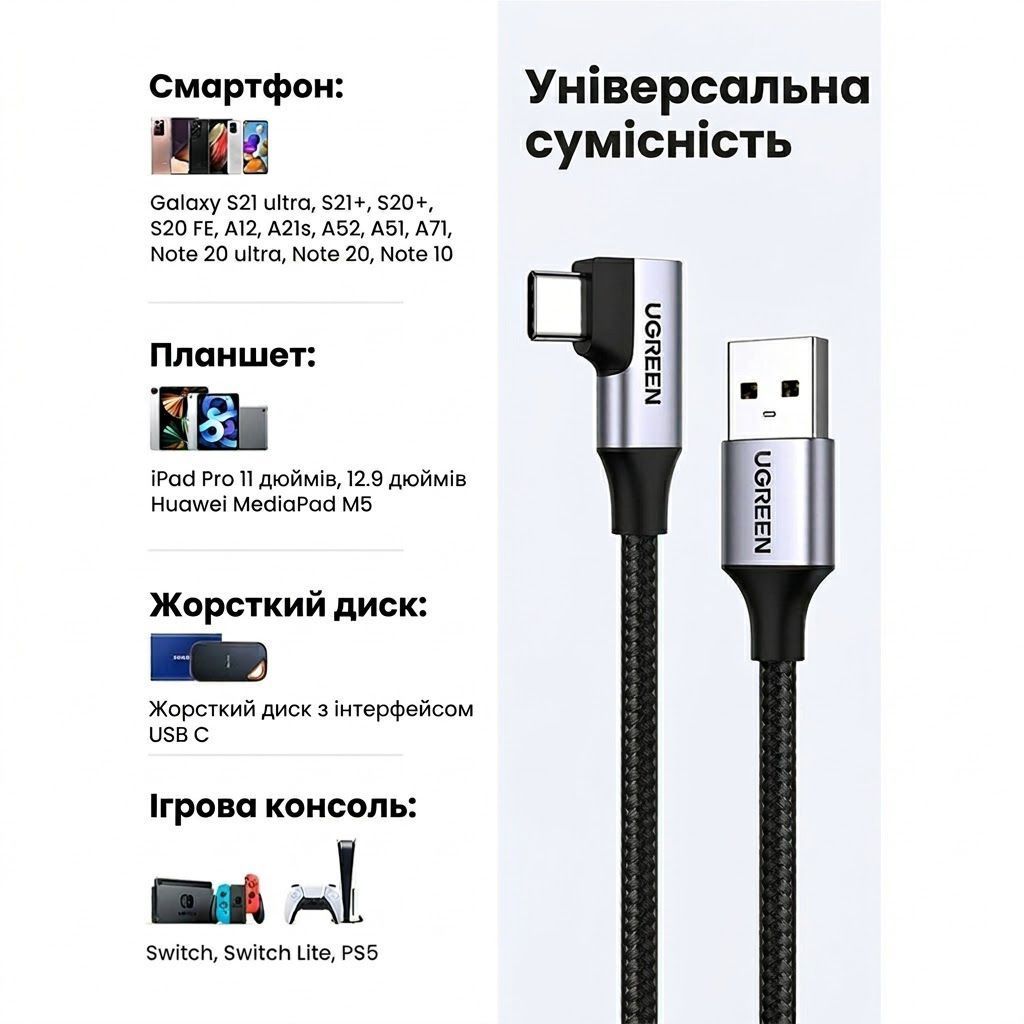 Кабель USB на Type-C кутовий UGREEN US385 90-Degree Angled Cable USB3.0 3A 5Gbps 1 метр чорний (20299) 01306 фото