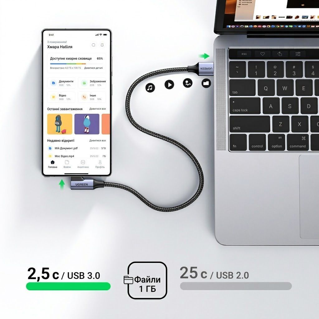 Кабель USB на Type-C кутовий UGREEN US385 90-Degree Angled Cable USB3.0 3A 5Gbps 1 метр чорний (20299) 01306 фото