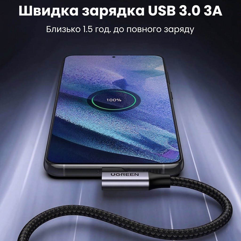 Кабель USB на Type-C кутовий UGREEN US385 90-Degree Angled Cable USB3.0 3A 5Gbps 1 метр чорний (20299) 01306 фото