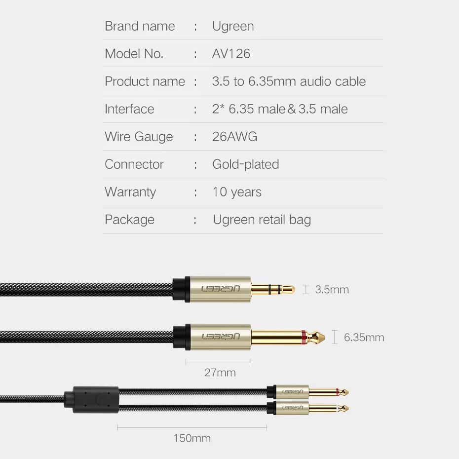 Аудио кабель UGREEN AV126 Jack 3.5mm TRS to Dual Jack 6.35mm TS Audio Cable 3м Gray (10618) 01144 фото