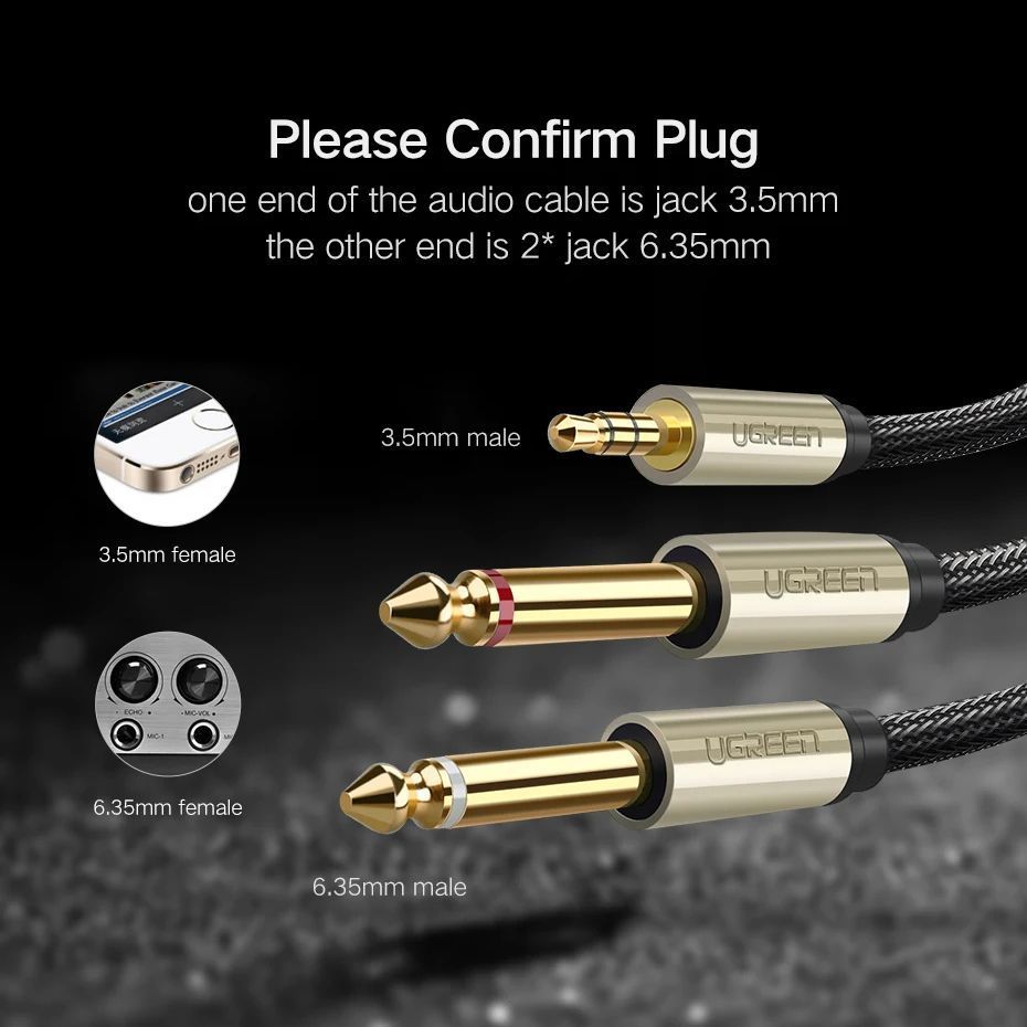Аудио кабель UGREEN AV126 Jack 3.5mm TRS to Dual Jack 6.35mm TS Audio Cable 3м Gray (10618) 01144 фото