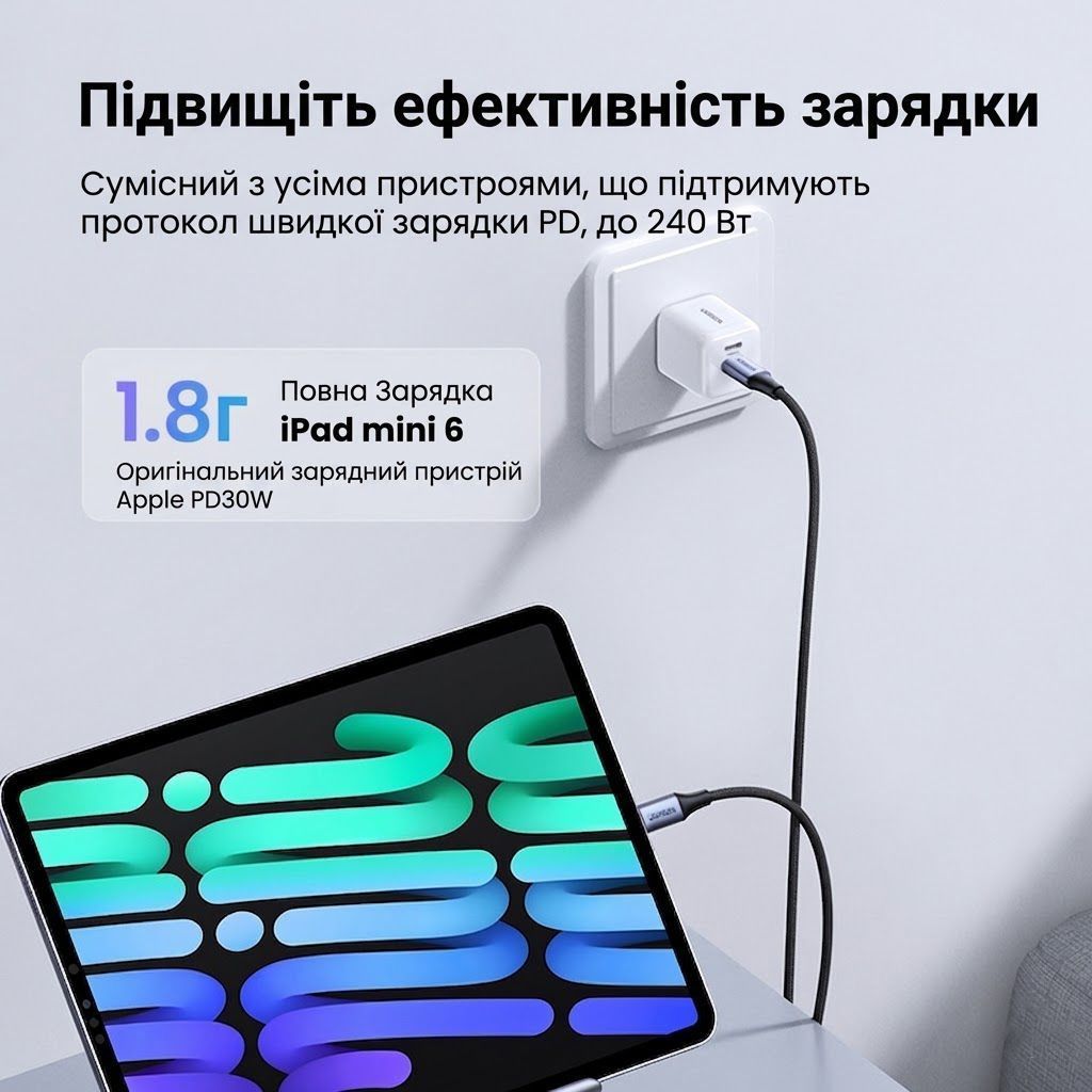 Кабель Type-C на Type-C для швидкої зарядки UGREEN US535 PD Fast Charging Cable 240W 5A 1 метр сірий (15311) 01313 фото