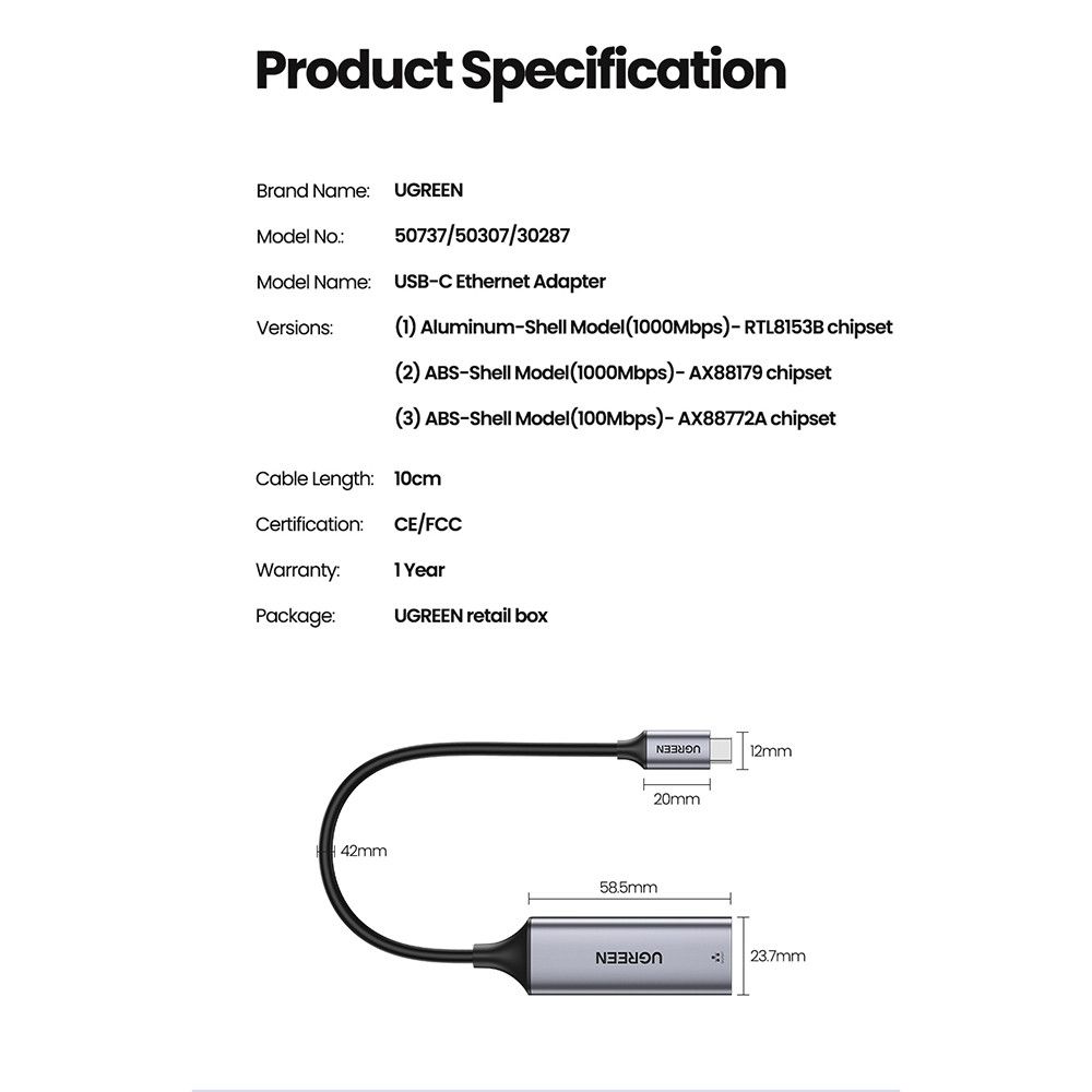 Зовнішній мережевий адаптер UGREEN CM199 Type-C to RJ45 Ethernet Gigabit Adapter Aluminum Case Gray (50737) 00243 фото