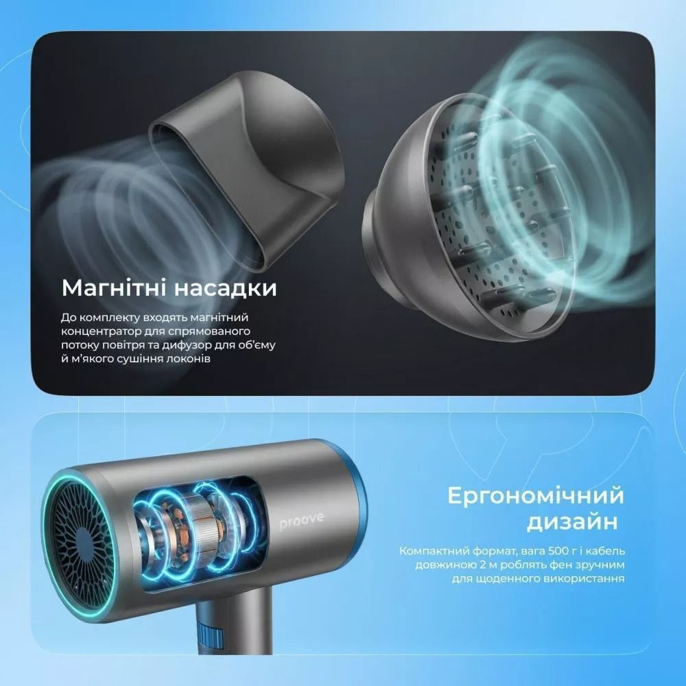 Фен для волосся з іонізацією Proove Tyson фен-стайлер для укладки 1800W Gray (HDPT18000003)