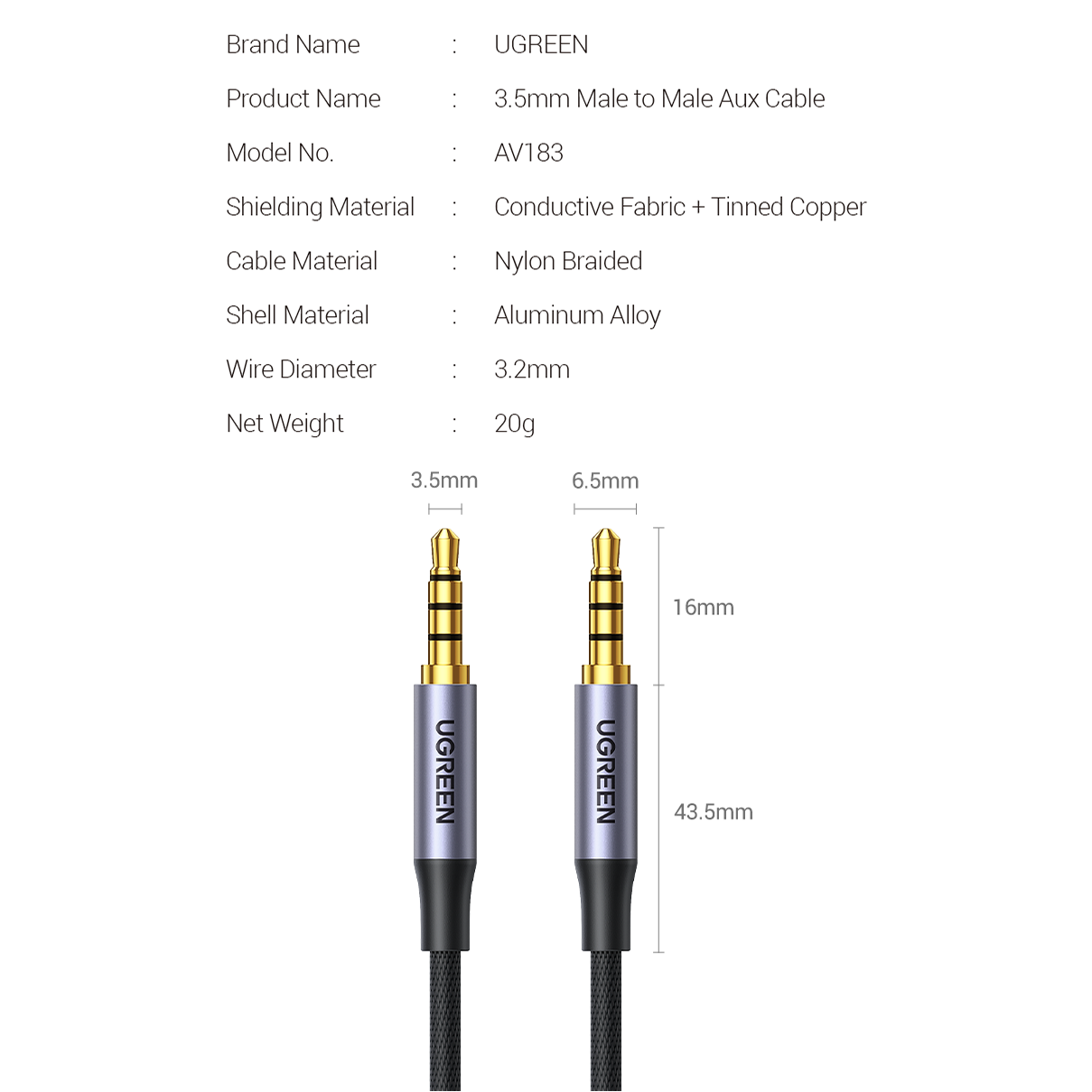 Аудіо кабель UGREEN AV183 3.5mm Male to Male 4-Pole Microphone Audio Cable 1.5m Gray (20497) 00799 фото