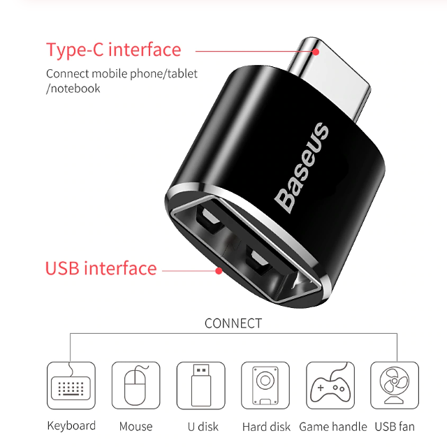 Адаптер Baseus USB Female to Type-C Male adapter converter Black (CATOTG-01) 00112 фото