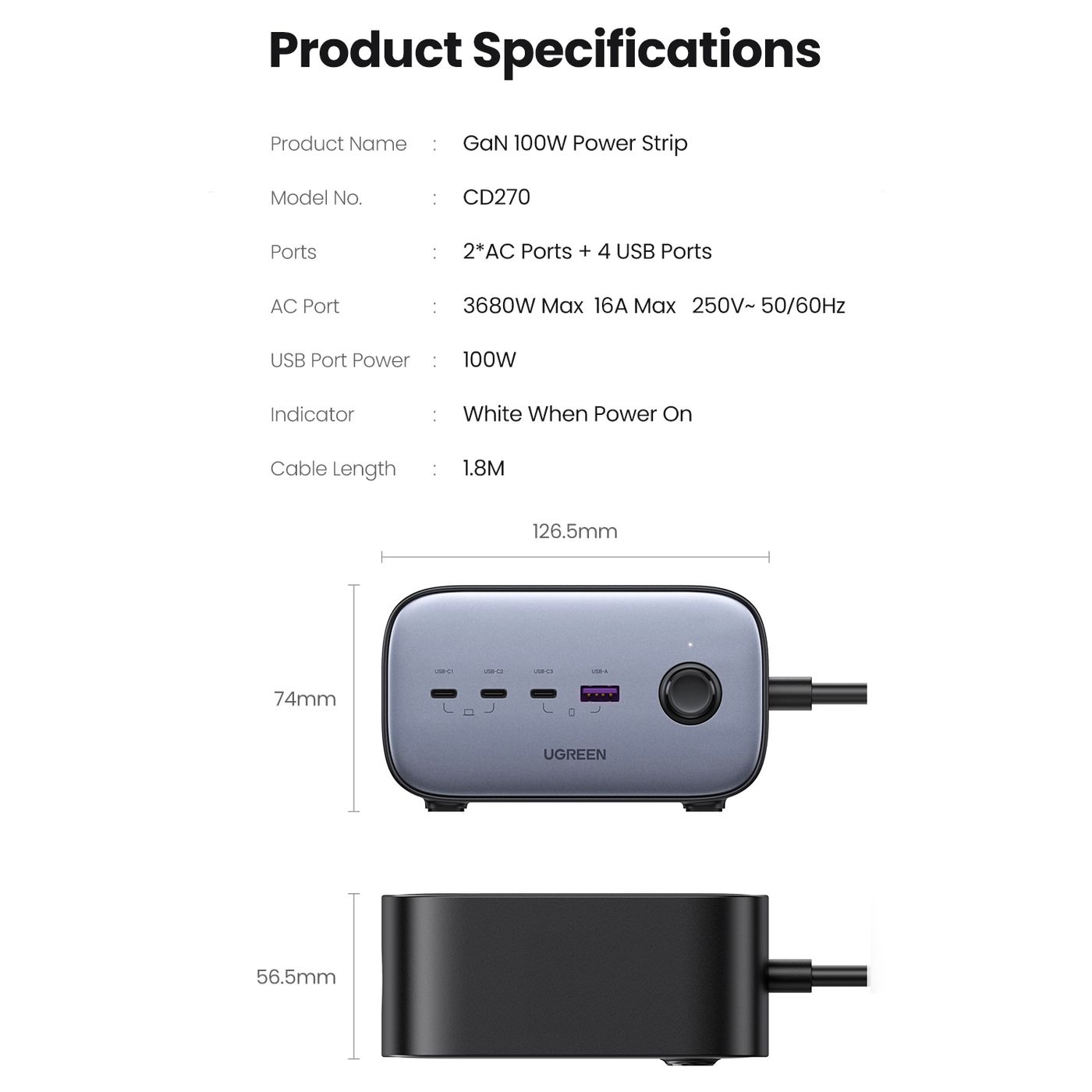 Мережевий зарядний пристрій UGREEN CD270 GaN 100W DigiNest Pro Power Strip 1USB-A+3USB-C+2AC Gray (60167) 01006 фото