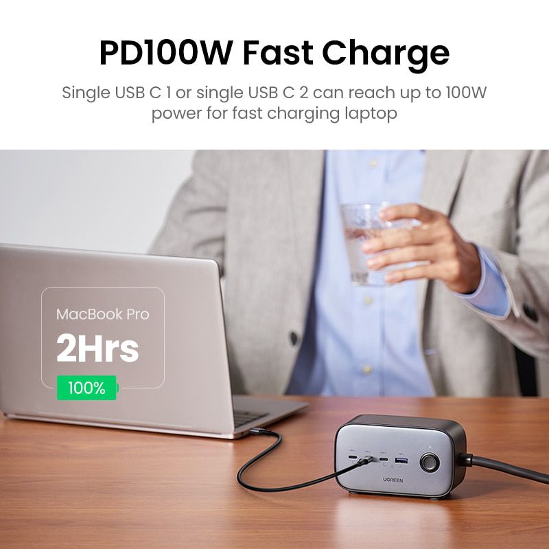 Мережевий зарядний пристрій UGREEN CD270 GaN 100W DigiNest Pro Power Strip 1USB-A+3USB-C+2AC Gray (60167) 01006 фото