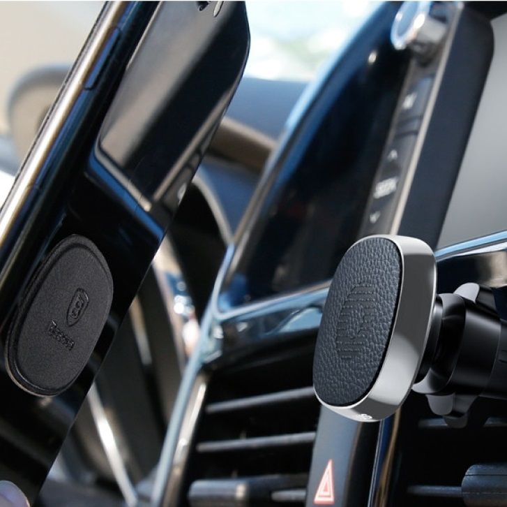 Автомобильный держатель для телефона Baseus Privity Series Pro Air Outlet Magnet Bracket Genuine Leather Black (SUMQ-PR01) 00659 фото