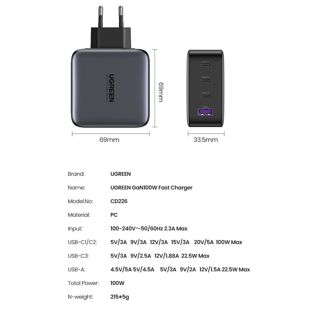 Сетевое зарядное устройство UGREEN CD226 100W GaN Fast Charger 3 Type-C + 1 USB Gray (40747) 00804 фото
