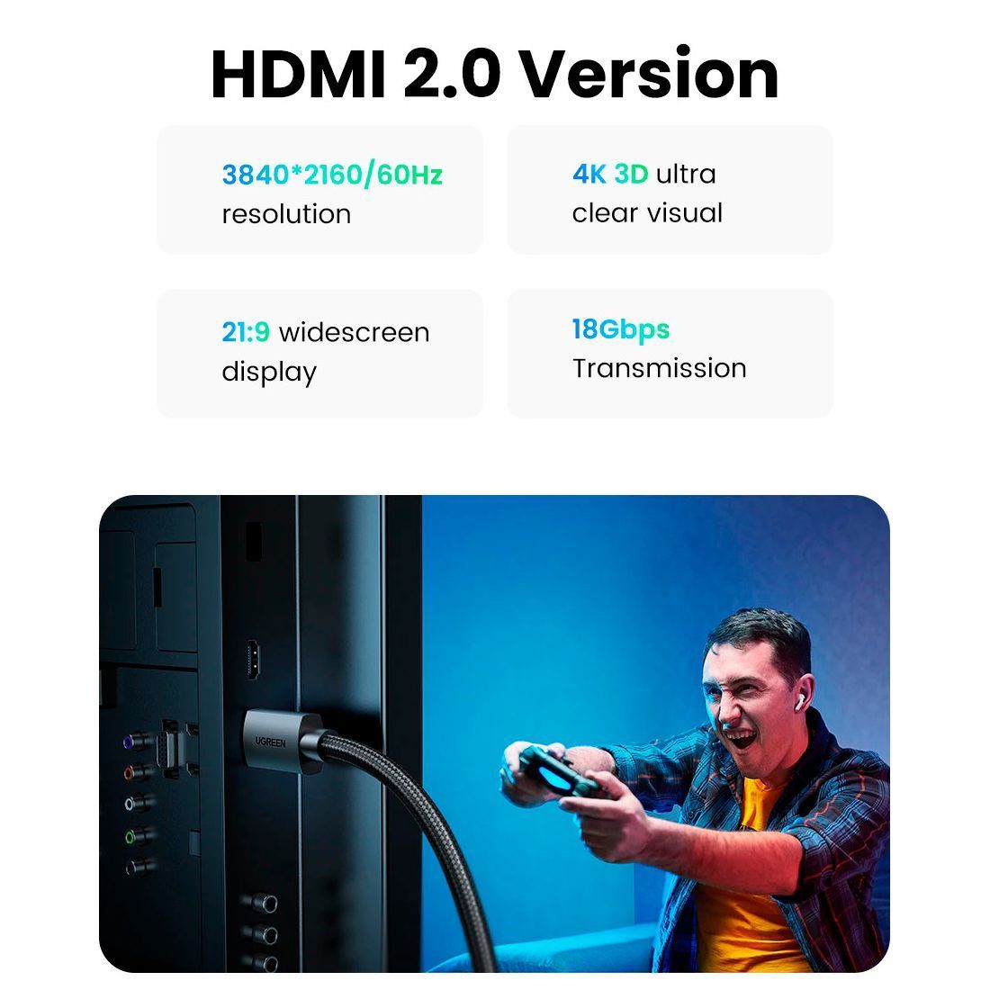Кабель UGREEN HD119 HDMI M/M 4K60Hz Cable with Braided 5m Black (40103) 00984 фото