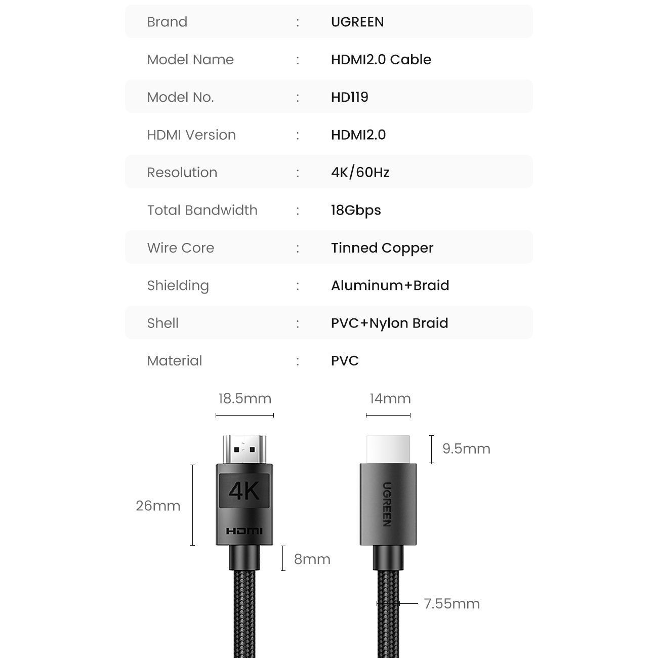 Кабель UGREEN HD119 HDMI M/M 4K60Hz Cable with Braided 5m Black (40103) 00984 фото
