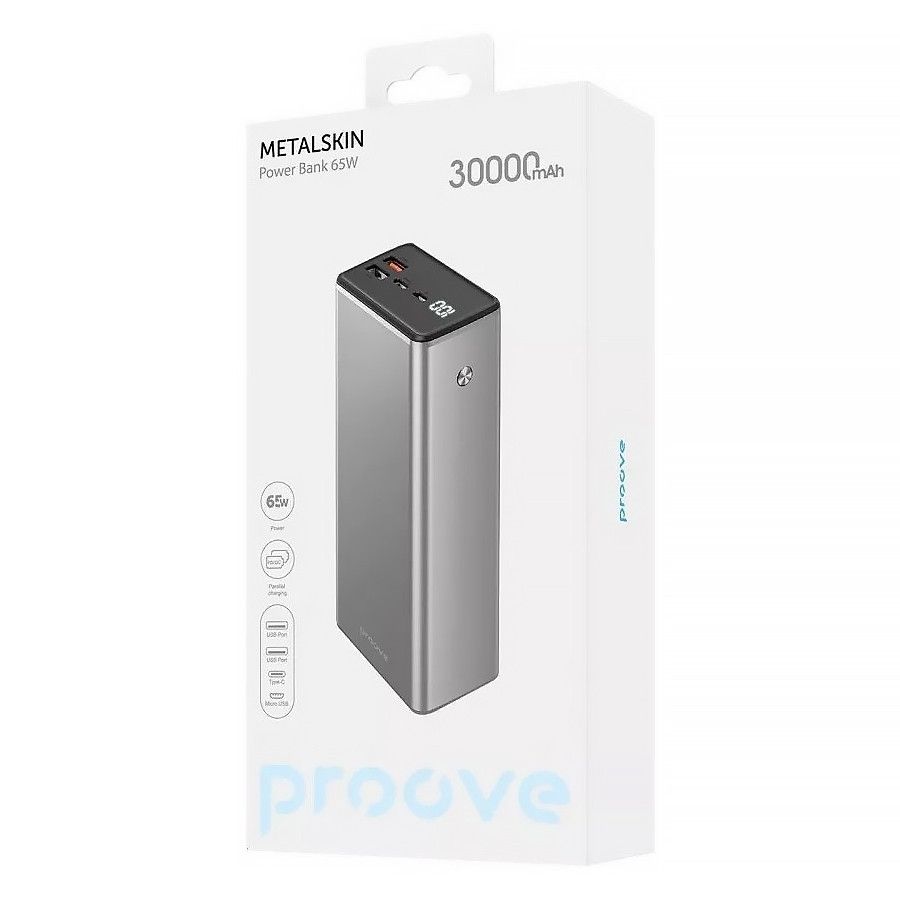 Зовнішній акумулятор повербанк для ноутбука Proove Metalskin Power Bank 65W 30000mAh Gray (PBM365210004)