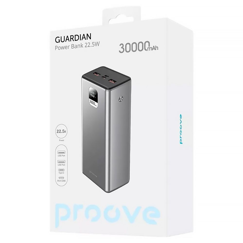 Зовнішній акумулятор повербанк з швидкою зарядкою Proove Guardian Power Bank 22.5W 30000mAh Gray (PBG322210004)