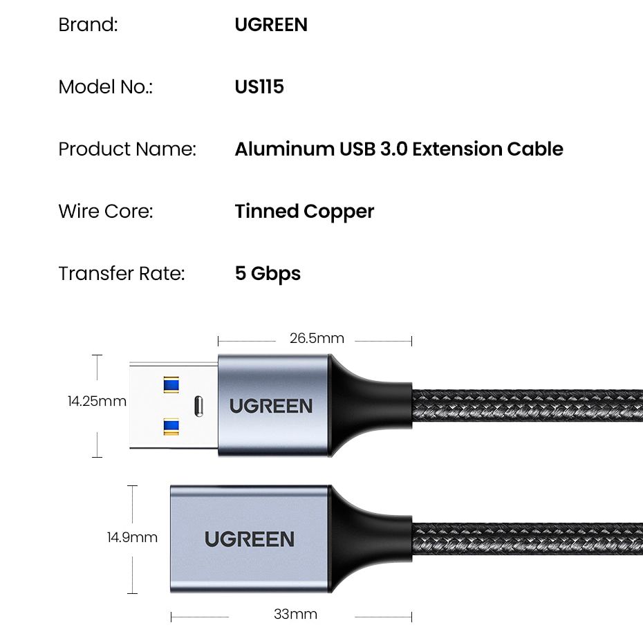Кабель удлинитель USB 3.0 UGREEN US115 Male To Female Extension Cable Aluminum Case 0.5m Black (10494) 01004 фото