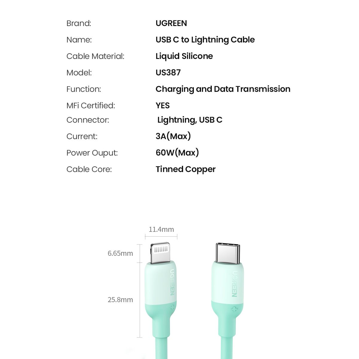Кабель UGREEN US387 Type-C - Lightning 20W 3A Silicone Cable 1m Green (20308) 01007 фото
