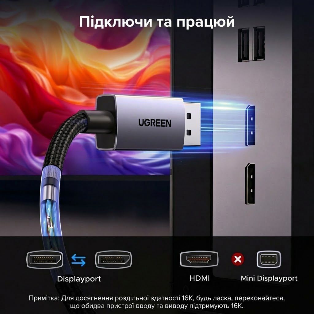 Кабель DisplayPort v2.1 UGREEN DP131 Cable Aluminum Alloy Shell 16K/60Hz 8K/120Hz 4K/240Hz 2K/360Hz HDR10+ 2м Gray (55568)