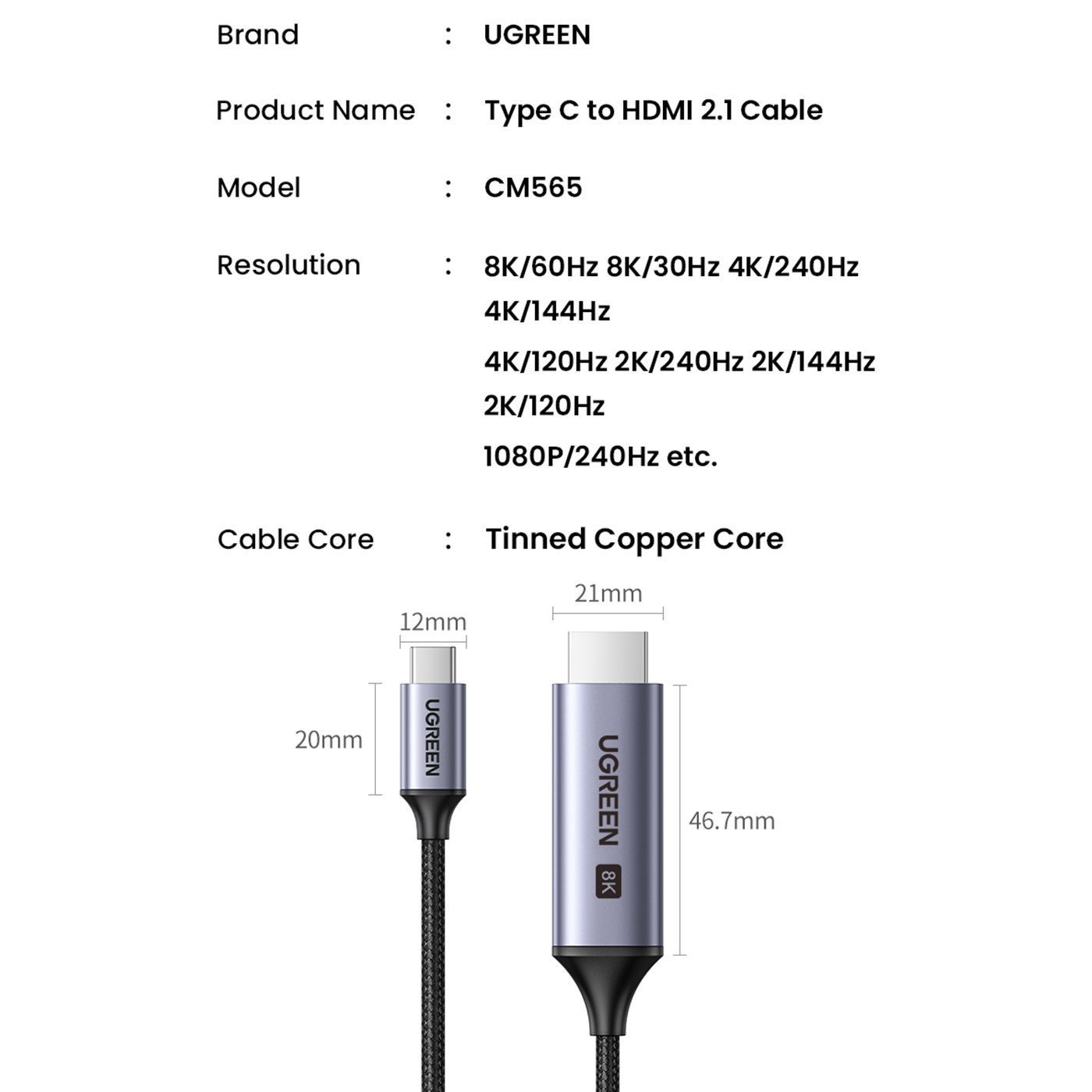Кабель Type-C на HDMI 2.1 UGREEN CM565 M/M 8K60Hz 4K120Hz Adapter 1.5m Metal Gray (90451)  01151 фото