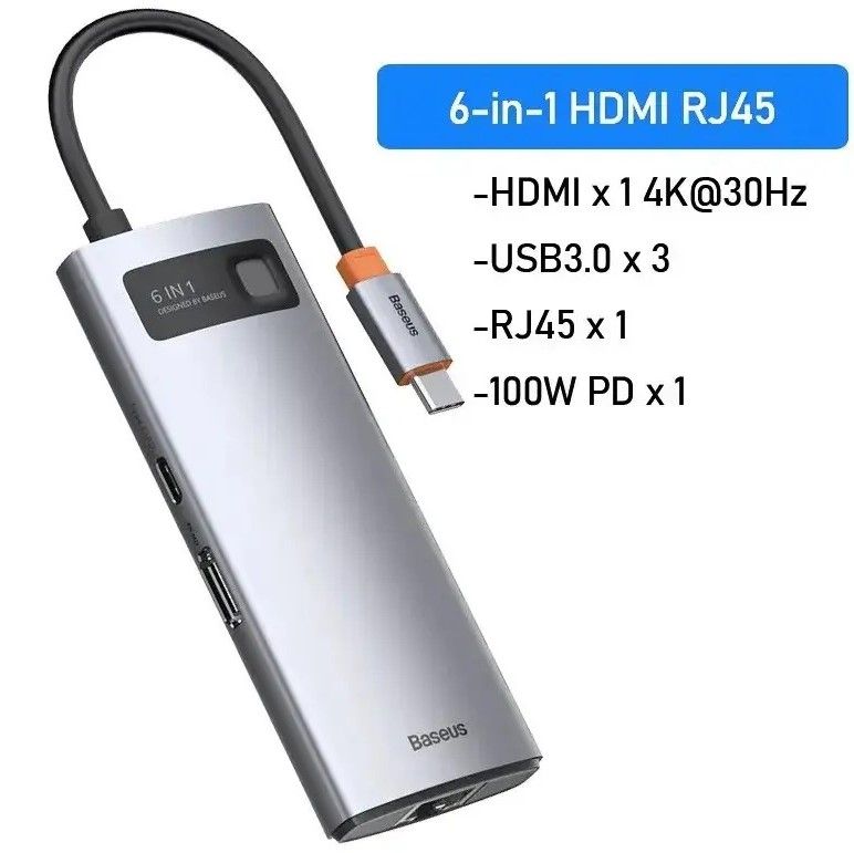 USB-C хаб Baseus Metal Gleam Series 6-in-1 Multifunctional 3xUSB3.0+HDMI4K+RJ45+Type-C Gray (CAHUB-CW0G) 00668 фото
