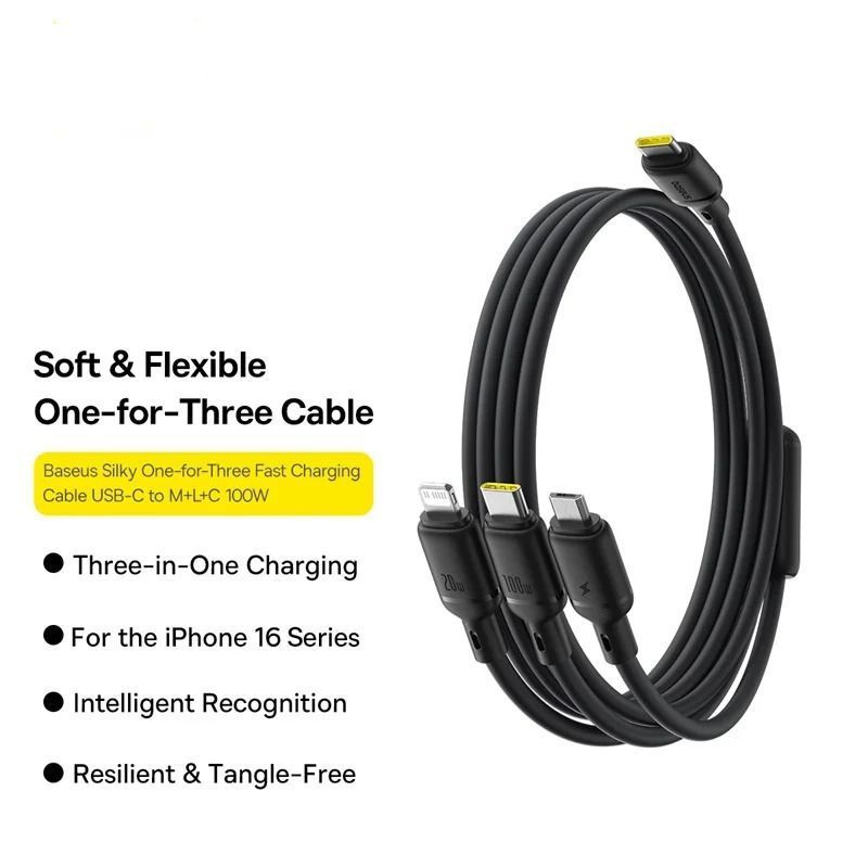 Кабель для швидкої зарядки 3в1 Type-С на Lightning+MicroUSB+Type-C BASEUS Silky One-for-Three 100W 1.5 метра Black (P10377706123-00) 01352 фото