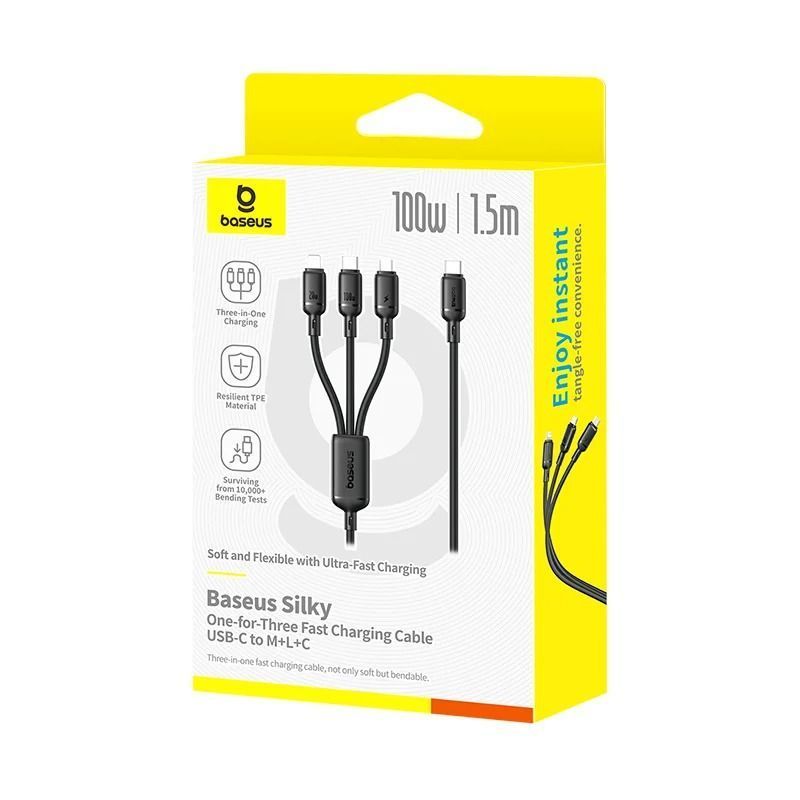 Кабель для швидкої зарядки 3в1 Type-С на Lightning+MicroUSB+Type-C BASEUS Silky One-for-Three 100W 1.5 метра Black (P10377706123-00) 01352 фото