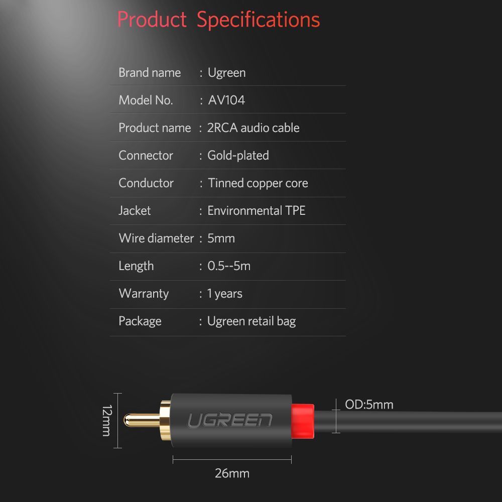 Аудіо кабель 2RCA Male to 2RCA Male UGREEN AV104 Hi-Fi Cable 5м Black (10520) 01348 фото