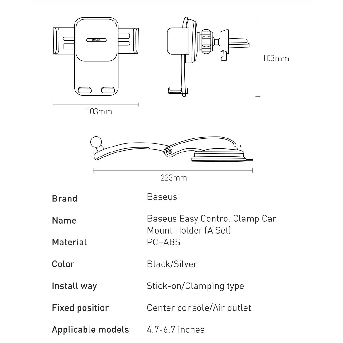 Автомобильный держатель для телефона BASEUS Easy Control Clamp Pyste Type + Air Outlet set Black (SUYK000001) 01076 фото