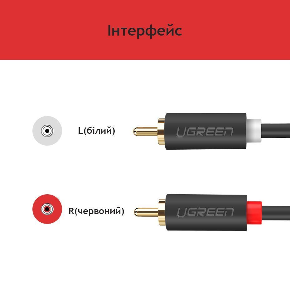 Аудіо кабель 2RCA Male to 2RCA Male UGREEN AV104 Hi-Fi Cable 5м Black (10520) 01348 фото