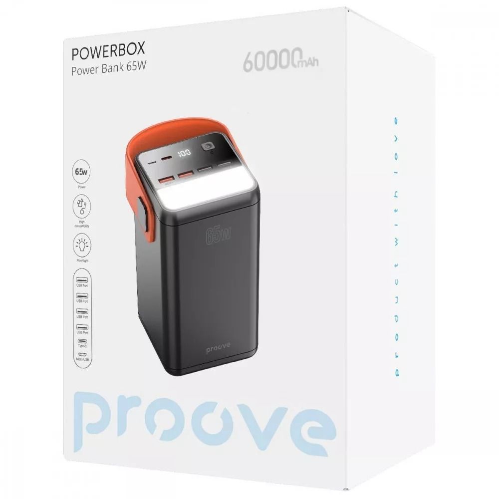 Зовнішній акумулятор повербанк з швидкою зарядкою Proove Powerbox Power Bank 65W 60000mAh Black (PBPB65412201)
