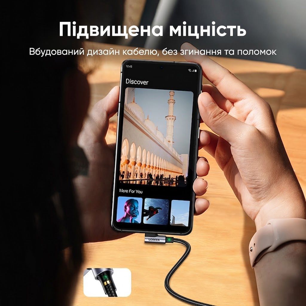Кутовий кабель для заряджання телефона USB на Type-C UGREEN US176 Right Angle Cable 3A 2 метри сірий (20857) 01309 фото