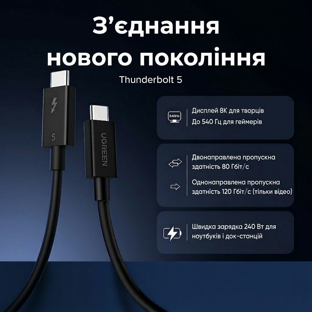 Кабель Type-C на Type-C Thunderbolt 5 UGREEN L703 240W 120Gbps 16K@60Hz 1 метр чорний (45996) 01263 фото